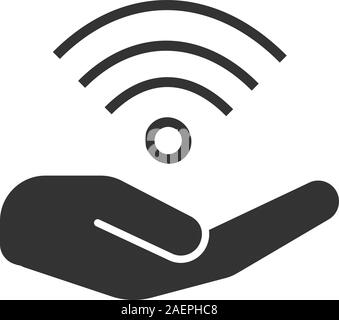 Open hand with wi-fi sign glyph icon. Silhouette symbol. Free internet access. Negative space. Vector isolated illustration Stock Vector