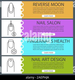 Manicure web banner templates set. Fingernails health, nails with brush, dollar sign and heart shape, reverse moon manicure. Website color menu items Stock Vector