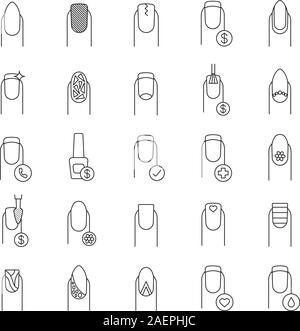 Manicure linear icons set. Nail salon service. Variety of manicure types. Thin line contour symbols. Isolated vector outline illustrations Stock Vector