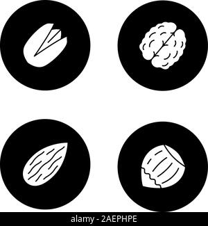 Nuts types glyph icons set. Pistachio, walnut, almond, hazelnut. Vector white silhouettes illustrations in black circles Stock Vector
