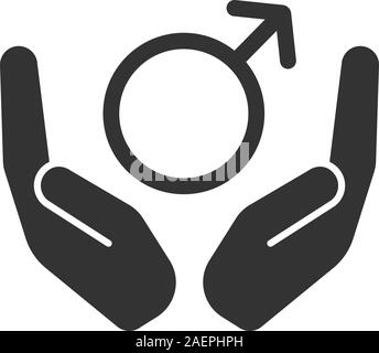 Open palms with male symbol glyph icon. Men's health care. Silhouette symbol. Thin line illustration. Spear and shield of Mars. Negative space. Vector Stock Vector