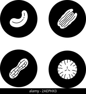 Nuts types glyph icons set. Cashew and pecan nuts, peanut, nutmeg. Vector white silhouettes illustrations in black circles Stock Vector