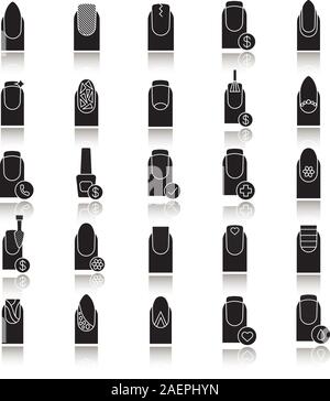 Manicure drop shadow black glyph icons set. Nail salon service. Variety of manicure types. Isolated vector illustrations Stock Vector