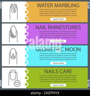 Manicure web banner templates set. Geometric moon, water marbling, rhinestones, nails care. Website color menu items with linear icons. Vector headers Stock Vector