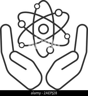Open palms with molecule linear icon. Thin line illustration. Atoms for peace. Contour symbol. Safe nuclear power. Vector isolated outline drawing Stock Vector