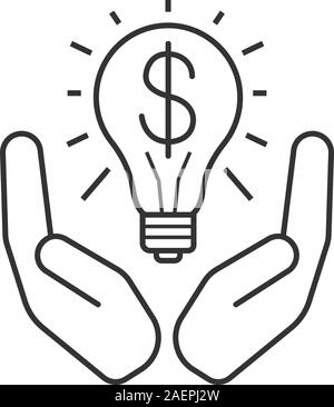 Open palms with light bulb and dollar sign linear icon. Business idea. Thin line illustration. Contour symbol. Vector isolated outline drawing Stock Vector