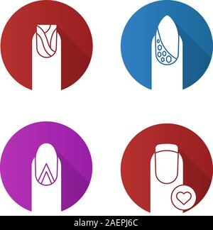 Manicure flat design long shadow glyph icons set. Water marbling, geometric moon manicure, nails with rhinestones and heart shape. Fingernails care. V Stock Vector