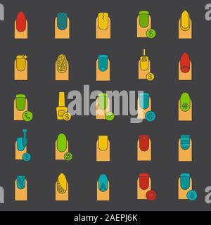Manicure glyph color icon set. Nail salon service. Silhouette symbols on black backgrounds. Variety of manicure types. Negative space. Vector illustra Stock Vector