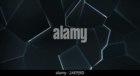 Abstract dark cg background texture, polygonal fragmented pattern with blue neon illumination, front view, 3d rendering illustration Stock Photo