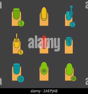 Manicure glyph color icon set. Silhouette symbols on black backgrounds. Nail salon service prices, almond shaped with reverse moon, water marbling, fl Stock Vector