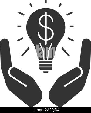 Open palms with light bulb and dollar sign glyph icon. Silhouette symbol. Business idea. Negative space. Vector isolated illustration Stock Vector