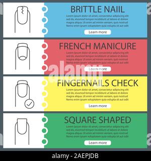 Manicure web banner templates set. Cracked and square shaped nails, french manicure, fingernails check. Website color menu items with linear icons. Ve Stock Vector