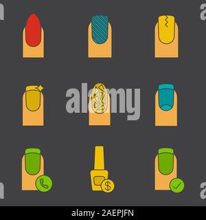 Manicure glyph color icon set. Almond shaped, matte, broken glass, french manicure, cracked fingernail, call to nail salon. Silhouette symbols on blac Stock Vector