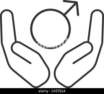 Open palms with male symbol linear icon. Men's health care. Thin line illustration. Spear and shield of Mars. Contour symbol. Vector isolated outline Stock Vector