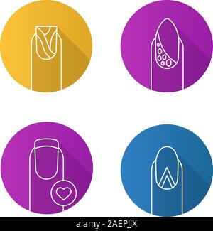 Manicure flat linear long shadow icons set. Water marbling, geometric moon manicure, nails with rhinestones and heart shape. Vector outline illustrati Stock Vector