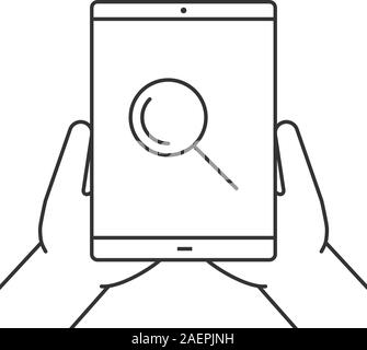 Hands holding tablet computer linear icon. Searching. Thin line illustration. Tablet computer with magnifying glass. Contour symbol. Vector isolated o Stock Vector