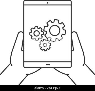 Hands holding tablet computer linear icon. Device settings. Thin line illustration. Tablet computer with cogwheels. Contour symbol. Vector isolated ou Stock Vector