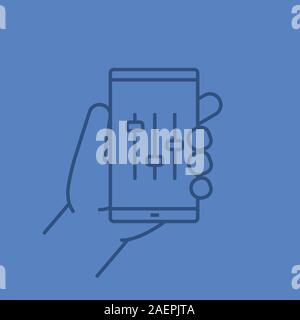 Hand holding smartphone linear icon. Smart phone music equalizer. Thin line outline symbols on color background. Vector illustration Stock Vector