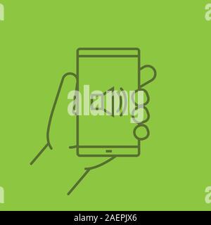 Hand holding smartphone linear icon. Smart phone sound on. Thin line outline symbols on color background. Vector illustration Stock Vector