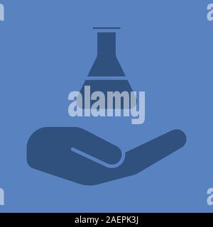 Open hand with lab flask glyph color icon. Laboratory services. Silhouette symbol. Lab supplies. Negative space. Vector isolated illustration Stock Vector