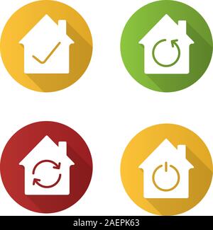 Houses flat design long shadow glyph icons set. Home restoration, renovation, checked and smart houses. Vector silhouette illustration Stock Vector