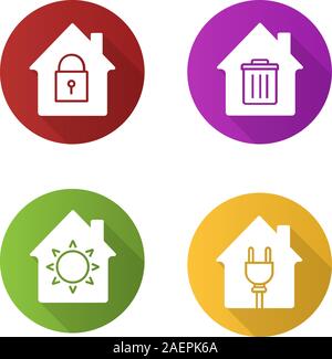 Houses flat design long shadow glyph icons set. Home buildings with lock, sun, trashcan and wire plug inside. Vector silhouette illustration Stock Vector