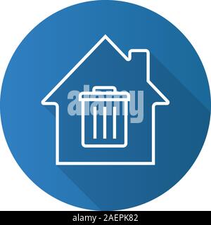 House with trashcan inside flat linear long shadow icon. Garbage removal service. Vector outline symbol Stock Vector