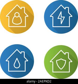 Houses flat linear long shadow icons set. Housekeeper, water supply, private property protection, home electrification. Vector outline illustration Stock Vector