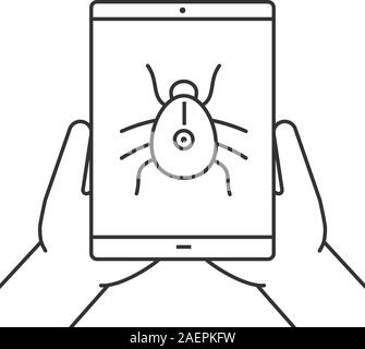 Hands holding tablet computer linear icon. Computer virus. Thin line illustration. Tablet computer with spider. Contour symbol. Vector isolated outlin Stock Vector