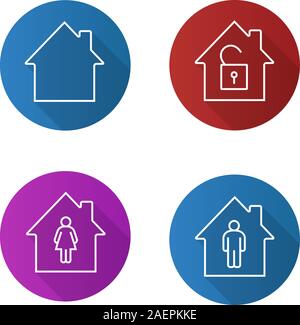 Houses flat linear long shadow icons set. Private property owners and security. Home buildings with man, woman and open lock inside. Vector outline il Stock Vector