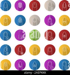Manicure flat linear long shadow icons set. Variety of manicure types. Vector outline illustration Stock Vector