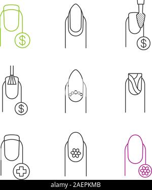 Manicure linear icons set. Thin line contour symbols. Nail salon service prices, almond shaped with reverse moon, water marbling, floral design manicu Stock Vector