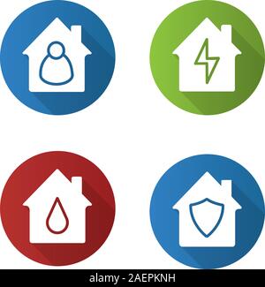 Houses flat design long shadow glyph icons set. Housekeeper, water supply, private property protection, home electrification. Vector silhouette illust Stock Vector