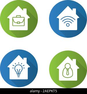 Houses flat design long shadow glyph icons set. Home buildings with briefcase, businessman, wifi signal, lightbulb inside. Vector silhouette illustrat Stock Vector