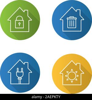 Houses flat linear long shadow icons set. Home buildings with lock, sun, trashcan and wire plug inside. Vector outline illustration Stock Vector