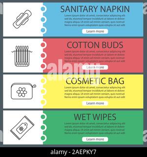 Hygienic accessories web banner templates set. Sanitary napkin, cotton buds, cosmetic bag, wet wipes. Website color menu items with linear icons. Vect Stock Vector