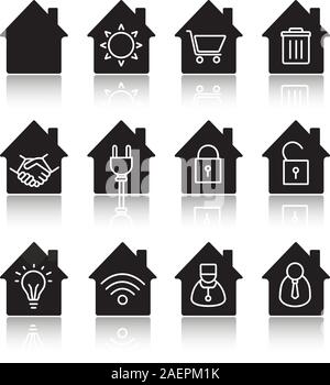 Houses drop shadow black glyph icons set. Home buildings with sun, shopping cart, trashcan, handshake, electric plug, locks, lightbulb, doctor, busine Stock Vector