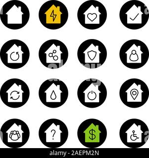 Houses glyph icons set. Home buildings with man, heart, group of people, dollar sign, wheelchair, question and tick marks inside. Vector white silhoue Stock Vector