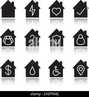 Houses drop shadow black glyph icons set. Home buildings with lightning, heart, tick and question marks, people, wheelchair, protection shield, dollar Stock Vector