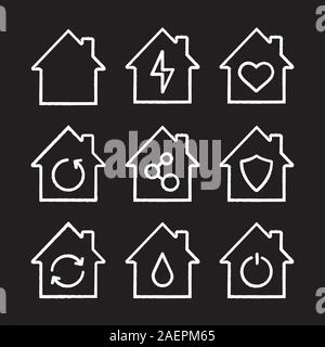 Houses chalk icons set. Home buildings with lightning, heart, network connection, shield, liquid drop inside. Smart houses. Isolated vector chalkboard Stock Vector