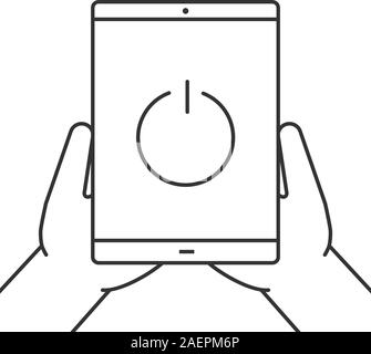 Hands holding tablet computer linear icon. Device turning off. Thin line illustration. Tablet pc with power button. Contour symbol. Vector isolated ou Stock Vector