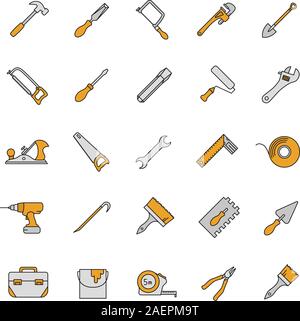 Construction tools color icons set. Renovation and repair instruments. Spanner, shovel, hammer, paint brush, measuring tape, chisel, crowbar. Isolated Stock Vector