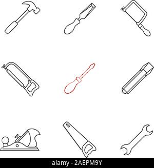 Construction tools linear icons set. Hammer, chisels, hacksaw, fretsaw, hand saw, jack plane, screwdriver, wrench. Thin line contour symbols. Isolated Stock Vector