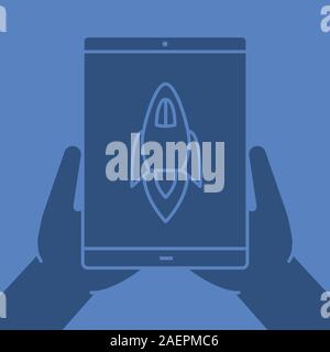 Hands holding tablet computer glyph color icon. Silhouette symbol. Tablet computer with rocket. Negative space. Vector isolated illustration Stock Vector