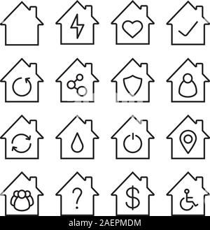 Houses linear icons set. Home buildings with man, heart, group of people, dollar sign, wheelchair, question and tick marks inside. Thin line contour s Stock Vector