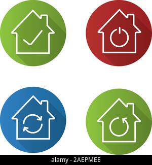 Houses flat linear long shadow icons set. Home restoration, renovation, checked and smart houses. Vector outline illustration Stock Vector