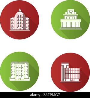 Shopping centre flat design long shadow color icon. Mall building ...