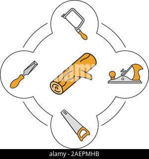 Wood working tools color icons set. Logging. Hand saw, jigsaw, chisel, jack plane. Isolated vector illustrations Stock Vector