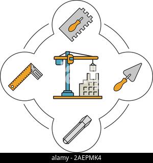 Construction tools color icons set. Building equipment. Rectangular notched trowel, triangular shovel, iron chisel, set square. Isolated vector illust Stock Vector