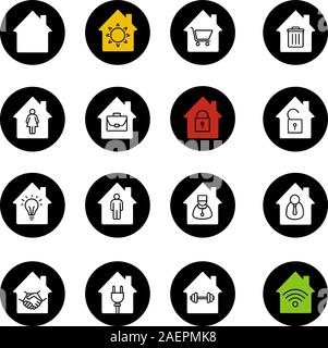 Houses glyph icons set. Home buildings with sun, shopping cart, wastebasket, man and woman, briefcase inside. Vector white silhouettes illustrations i Stock Vector